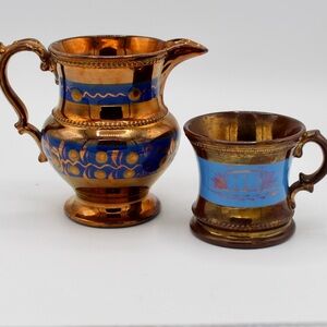 Set of Two Antique Staffordshire Copper Luster Pitcher and Cup